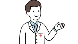 案内や説明をする白衣を着た男性医師のイラスト