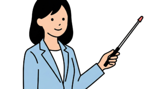 指示棒を持ちプレゼンテーションを行うスーツ姿の女性イラスト