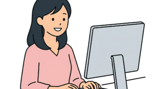 自宅でパソコンに向かってタイピングする女性のイラスト